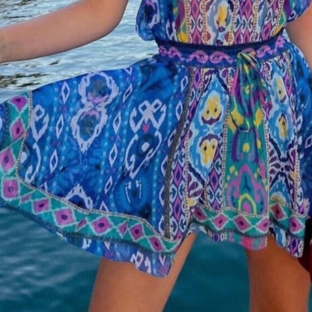 🆕 Zara Blue Aztec Multi Ikat-Print Asymmetrical Mini Skirt Boho Festival Beaded